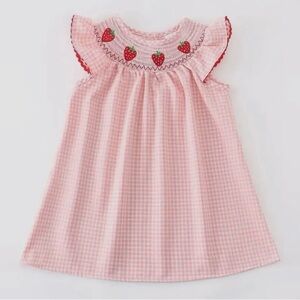Pink Gingham Strawberry Embroidered Kids Dress